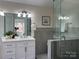 Modern bathroom with a glass-enclosed shower, double sinks, and stylish fixtures at 9709 Calpher Ct, Matthews, NC 28105