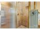 Modern tiled shower with glass door and brass fixtures at 917 Patrick Johnston Ln, Davidson, NC 28036