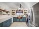 Modern kitchen featuring teal cabinets, copper sink, and quartz countertops at 9638 Pleasant View Ln, Mint Hill, NC 28227