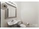Neat powder room featuring a pedestal sink, toilet, and modern mirror, exuding simple elegance at 7108 Founders Club Ct, Charlotte, NC 28269