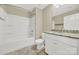 Clean bathroom, granite countertop, white cabinets, and a shower/tub combo at 2471 Palmdale Walk Dr # 107, Fort Mill, SC 29708