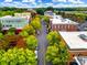 Aerial view of a charming town center with tree-lined streets and various shops at 5734 Morris Hunt Dr, Fort Mill, SC 29708