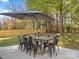 Outdoor dining area featuring a large patio umbrella and seating for eight at 111 Alberta Ave, Belmont, NC 28012
