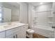 Clean bathroom with white vanity, tub shower combo, and wood-look tile at 4113 Black Ct # 167, Harrisburg, NC 28075