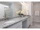 Elegant bathroom with a granite countertop, dual sinks, and a glass-enclosed shower at 3611 Whitney Way, Terrell, NC 28682