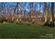 Picturesque backyard illuminated with trees, featuring a lush lawn and stone accents under a twilight sky at 13101 Whisper Creek Dr, Charlotte, NC 28277