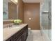 Bathroom featuring a dark wood vanity with white countertops and a tiled walk-in shower and tub at 13101 Whisper Creek Dr, Charlotte, NC 28277