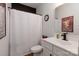 Clean bathroom with white vanity, shower, and toilet at 112 Canina Ln, Indian Trail, NC 28079