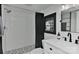 Modern bathroom with white subway tiles and geometric floor at 51 Old Post Rd, Lake Wylie, SC 29710