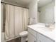 Clean bathroom with a shower/tub combo, white vanity, and neutral decor at 5120 Kings Pinnacle Dr, Kings Mountain, NC 28086