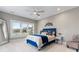 Comfortable guest bedroom with a blue velvet bed and large windows at 18805 Flat Shoals Dr, Cornelius, NC 28031