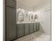 Bathroom features double vanity with grey cabinets and marble-look flooring at 12117 Frogs Leap Ct, Charlotte, NC 28277