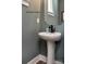 Stylish powder room features pedestal sink, black faucet, modern fixtures and paint at 1308 Walter Taylor Way # Eqx0105, Charlotte, NC 28206
