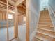 Unfinished basement stairway with wooden steps, leading to potential living space, ready for customization at 1304 Pleasant Plains Rd, Matthews, NC 28105