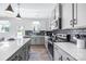 Modern kitchen with white countertops, gray cabinets, stainless steel appliances, and a center island at 3035 Howell Mill Rd # 51, Charlotte, NC 28208