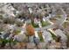 Overhead view of a community featuring well-maintained homes and tree-lined streets, highlighting the area's layout at 7708 Spanish Oaks Dr, Waxhaw, NC 28173