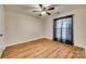 Bright bedroom with ceiling fan and laminate wood floor at 37 Hamiltons Harbor Dr # 601, Lake Wylie, SC 29710