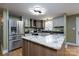 Stylish kitchen with stainless steel appliances, gray cabinetry, a waterfall island and modern lighting at 6726 Wannamaker Ln, Charlotte, NC 28226