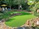 Artificial turf backyard with stone border and flowering plants at 10439 Donahue Dr, Huntersville, NC 28078