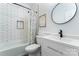 Clean bathroom with a subway tiled shower and a white vanity at 8523 Albury Walk Ln, Charlotte, NC 28277