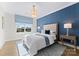 Bright bedroom featuring a blue accent wall, a large window, and modern decor at 124 Saylors Watch Ln, Mooresville, NC 28117