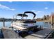 Modern pontoon boat on a lift with blue water and a beautiful blue sky in the background at 124 Saylors Watch Ln, Mooresville, NC 28117