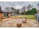 Landscaped backyard features gravel and grass areas, a cozy fire pit, and mature trees at 4328 Hancock Ter, Charlotte, NC 28205