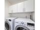 Efficient laundry room with modern LG washer and dryer and ample white cabinetry at 7037 Wrentree Dr, Charlotte, NC 28210