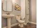 Stylish powder room featuring a pedestal sink, decorative mirror, and modern fixtures at 17611 Austins Creek Dr, Charlotte, NC 28278