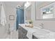 Modern bathroom with double vanity and blue tile shower at 1814 Archdale Dr, Charlotte, NC 28210