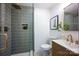 Stylish bathroom with a walk-in shower and dark green tile at 7001 Starvalley Dr, Charlotte, NC 28210