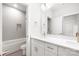 Bright bathroom featuring double sink vanity and walk-in shower at 1305 39Th Avenue Ne Pl, Hickory, NC 28601