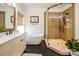 Spa-like bathroom with a soaking tub and walk-in shower at 187 Lone Pine Rd, Statesville, NC 28625