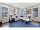 Comfortable living room with lots of windows, a gray sofa with blue pillows, and a striking rug at 2013 Federation Ct, Charlotte, NC 28205