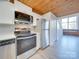 Modern kitchen with stainless steel appliances and wood ceiling at 201 S Hoskins Rd # 122, Charlotte, NC 28208