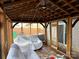 Relaxing screened porch with covered structure, ceiling fan, and mini-refrigerator at 9624 Langston Mill Rd, Charlotte, NC 28216