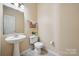 Clean and updated half bathroom with pedestal sink at 1411 Ladora Dr, Charlotte, NC 28262