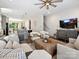 Open concept living area with kitchen views, comfortable seating, and large TV at 7324 Swans Run Rd, Charlotte, NC 28226