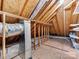 Unfinished attic with storage shelves and exposed beams at 1830 Robinwood Rd, Gastonia, NC 28054