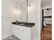 Bathroom with dark countertop and patterned floor at 243 Reese Wilson Rd, Belmont, NC 28012