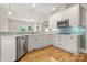Bright kitchen features white cabinets, stainless steel appliances, light countertops and an eye-catching tile backsplash at 4150 Summit Ridge Ln, Denver, NC 28037