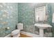 Stylish powder room with unique floral wallpaper, pedestal sink and hardwood floors at 4150 Summit Ridge Ln, Denver, NC 28037