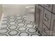 Modern bathroom with gray cabinets and hexagon marble-look tile floor at 1033 12Th Avenue Nw Dr, Hickory, NC 28601