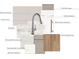 Interior design scheme showcases kitchen countertops, backsplash, and bathroom cabinetry samples at 5628 Kingspan Dr, Charlotte, NC 28217