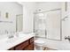 Clean bathroom with a shower/tub combo and updated vanity at 8814 Beaver Creek Dr, Charlotte, NC 28269