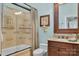 Elegant bathroom with granite vanity and a walk-in shower at 3255 Lake Pointe Dr, Belmont, NC 28012