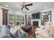 Cozy living room with a fireplace, built-in shelves, and sliding glass doors at 7150 Irongate Dr, Indian Land, SC 29707