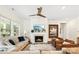 Cozy living room with a fireplace, comfortable seating, and a ceiling fan at 212 Portrait Way, Indian Trail, NC 28079