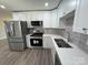 Modern kitchen featuring white cabinets, stainless steel appliances, and gray tile backsplash at 3225 Cricketeer Dr, Charlotte, NC 28216