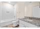 Clean bathroom, featuring a bathtub, toilet and granite vanity at 801 S Long St, Salisbury, NC 28144